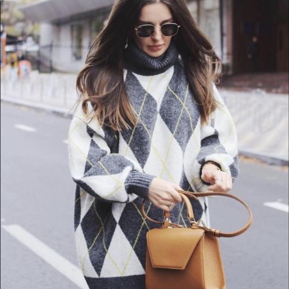 Gray and White Argyle Turtleneck Sweater